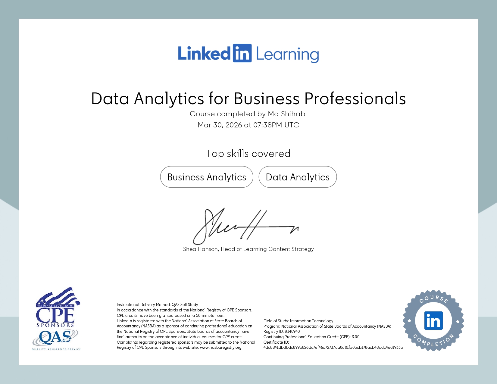 Certification certificate for Marketing Analytics & Data Analysis issued by LinkedIn Learning (NASBA & AICPA)
